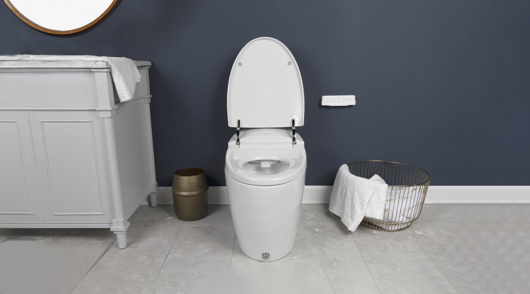 Front view of a Discovery DLX; a one-piece bidet toilet with silver hardware. It has the lid up.