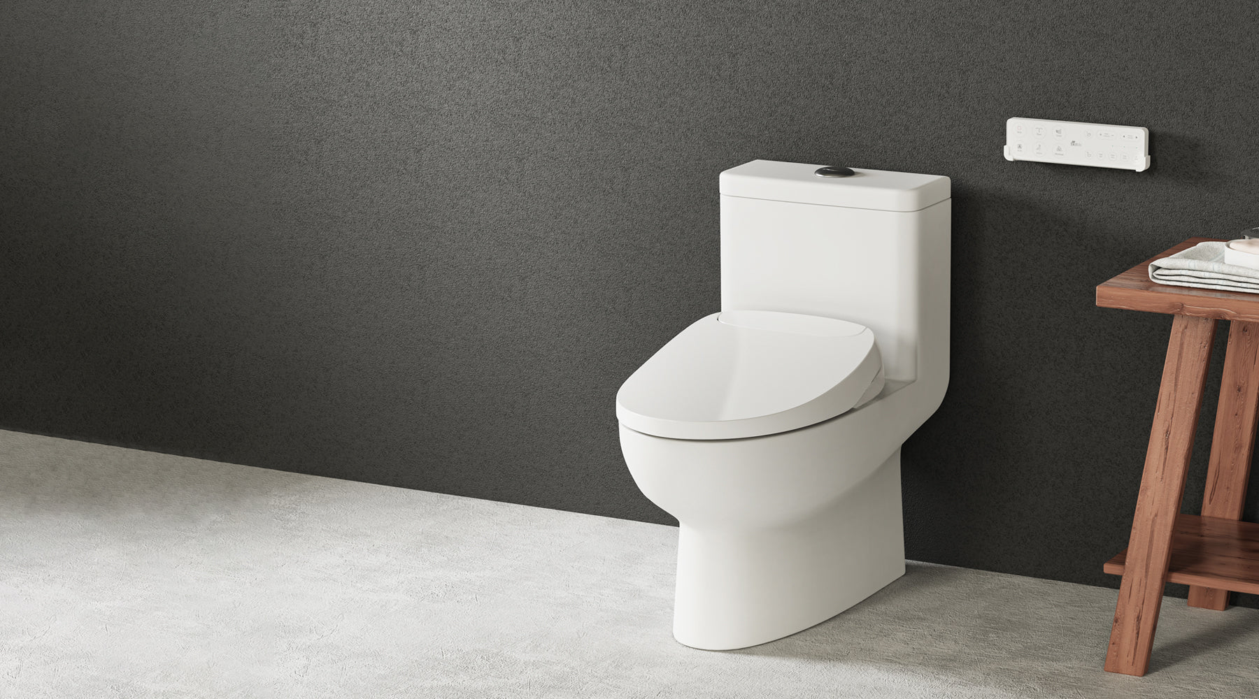 A Horizon bidet seat installed on a modern toilet, against a dark gray wall and a white counter.