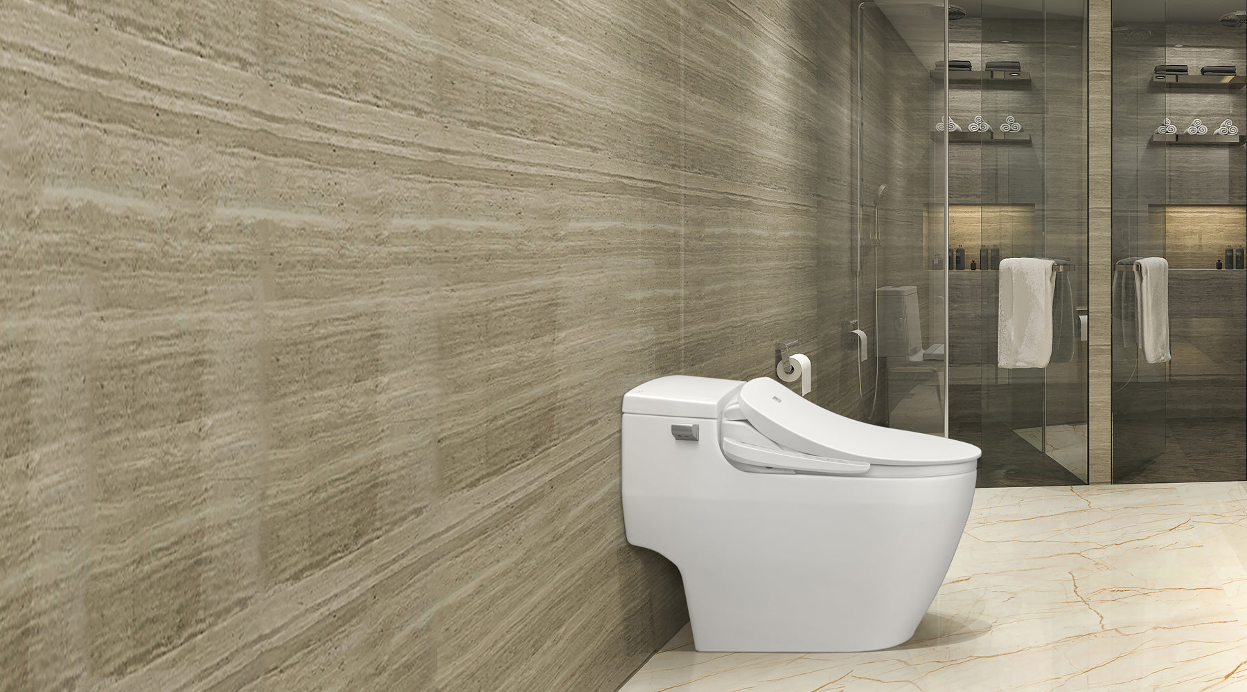 Side view of a low, tankless toilet with an HD-7000 bidet seat installed in a tan bathroom.