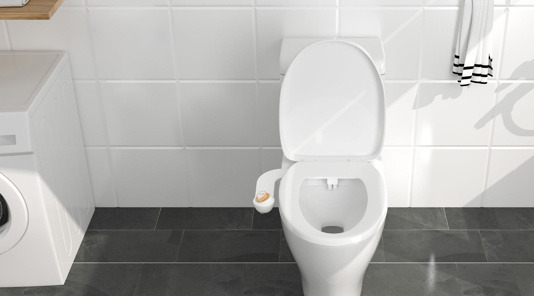 Downward shot of a toilet with the HD-4000 bidet attachment installed in a white and gray bathroom.