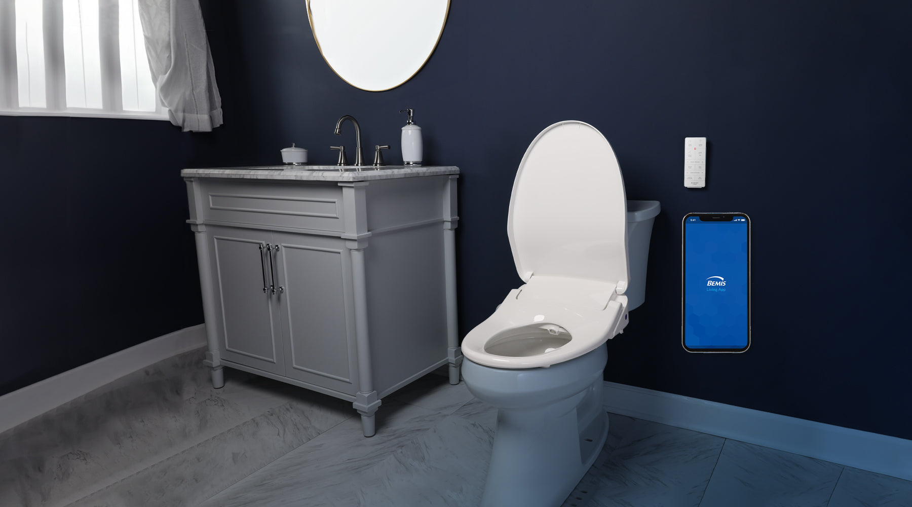 BB-1200 toilet seat installed on a toilet beside a graphic of a phone showing the Bemis Living app.